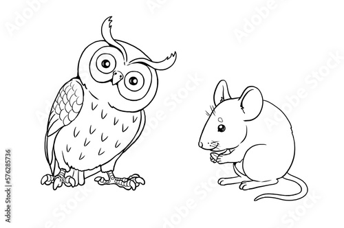 Cute mouse and eagle owl to color in. Template for a coloring book with funny animals. Coloring template for kids.