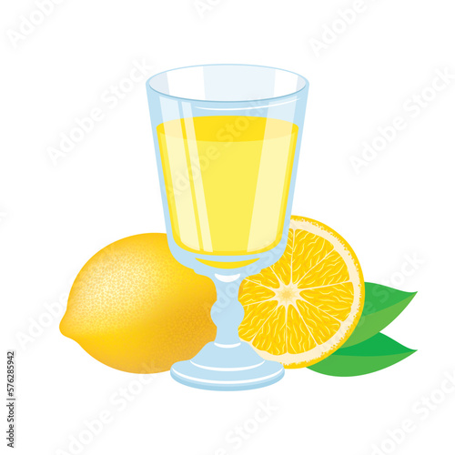 Glass of lemon fruit juice vector illustration. Limoncello Italian lemon liqueur icon vector isolated on a white background. Glass of lemon drink drawing