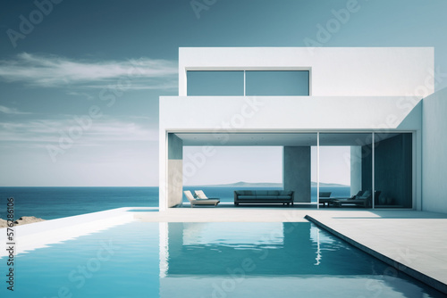 Luxury residential minimalist villa with pool and ocean on horizon © Mkorobsky