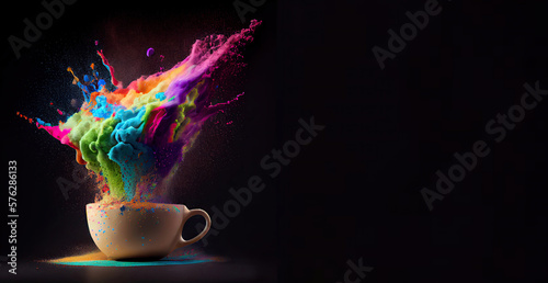 Exploding coffee cup. Cup of coffee, coffee concept, banner image, coffee banner, coffee design, bright.