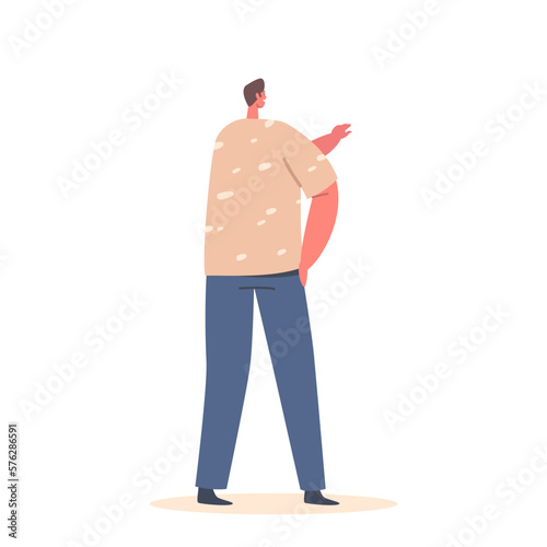 Single Male Character Wear Beige T-shirt And Blue Trousers Stand Rear View Pointing With Hand On Something