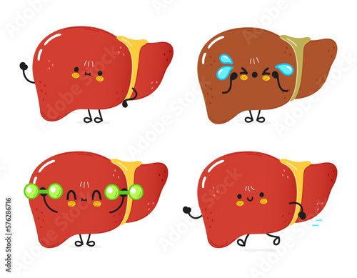 Funny liver characters bundle set. Vector hand drawn doodle style cartoon character illustration icon design. Cute liver mascot character collection