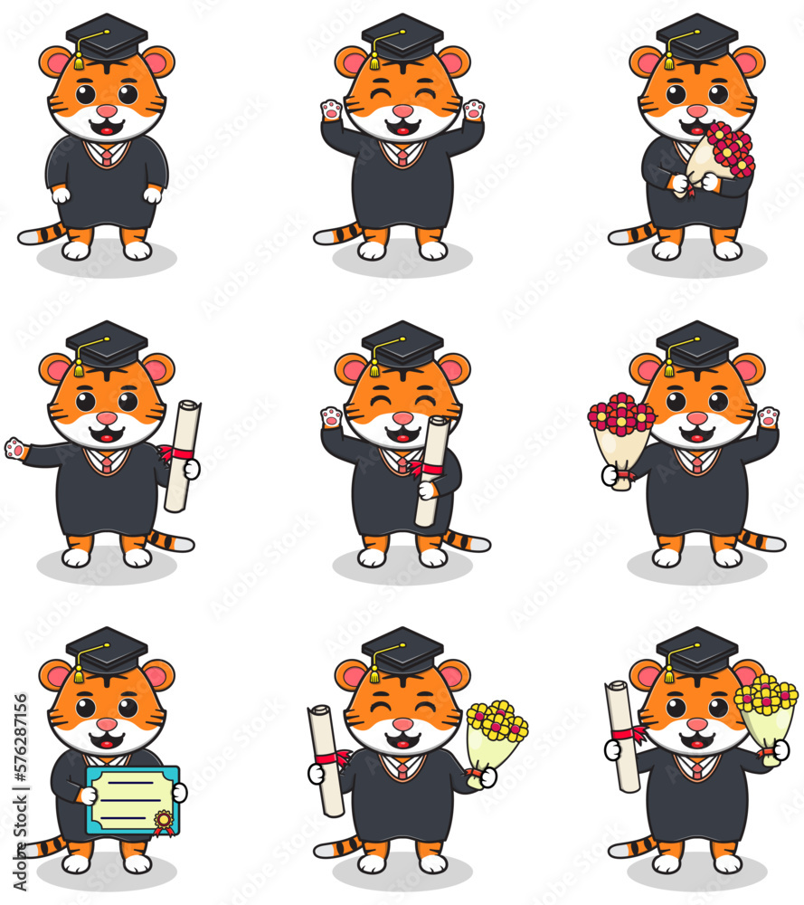 Obraz premium Cute cartoon Tiger in graduate hat on white background. Vector Set of Cute Graduation Themed Tiger. Illustration symbol mascot character animal. Design flat cartoon.