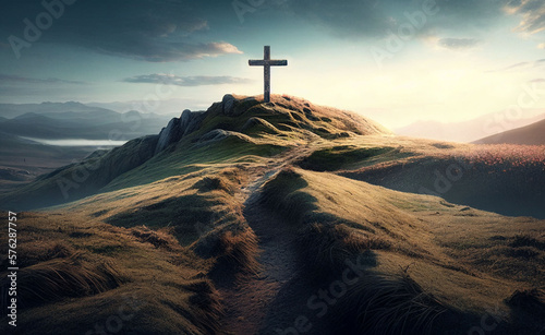 cross on the hill, the path leading to God, Happy easter. Christian symbol of faith, generative ai