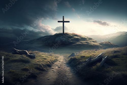cross on the hill, the path leading to God, Happy easter. Christian symbol of faith, generative ai
