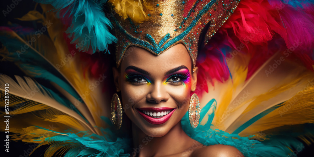 Obraz premium Portrait of a black woman wearing a carnival mask. party celebration. Generative ai
