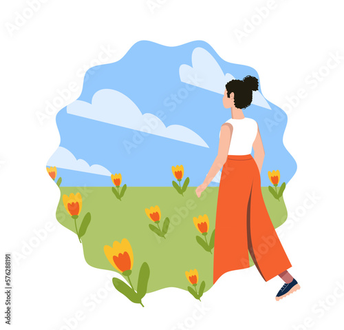 Happy woman starts a new life. Female doing first step in the future. Girl wants to get rid of psychological problems. Concept of mental health improvement, liberty and freelance. Vector illustration