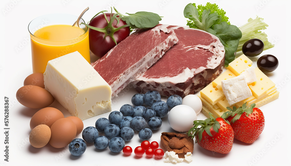 vegetables and fruits milk meat on a white background. Generative AI vegetables and fruits milk meat on a white background. Generative AI