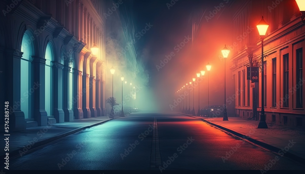 urban modern city street with light burst, mystery night background wallpaper, Generative Ai