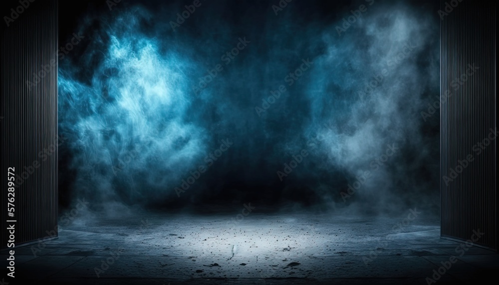 blue, spotlights shine on stage floor in dark room, mist drift around, idea for background, backdrop mock up, Generative Ai
