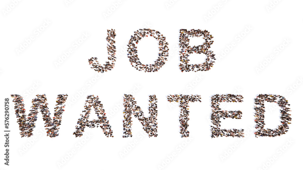 Conceptual large community of people forming JOB WANTED message. 3d illustration metaphor for work, human resources, employment, recruitment, career, opportunity, team, management and professional Conceptual large community of people forming JOB WANTED message. 3d illustration metaphor for work, human resources, employment, recruitment, career, opportunity, team, management and professional