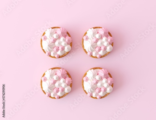 Tasty tartlets in a row. Minimal concept wallpaper for pastry shop. Above tart with pink and white small merengues. Top view sweet tarts isolated on pastel pink background. 3d render illustration.