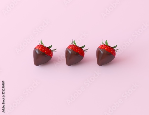 фотографія Three ripe red strawberries with melted dark chocolate flows in a row