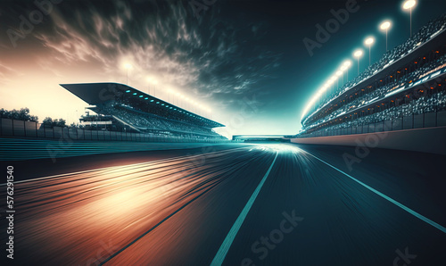 Empty racing track and crowd of people on main grandstands. Postproducted generative AI illustration.