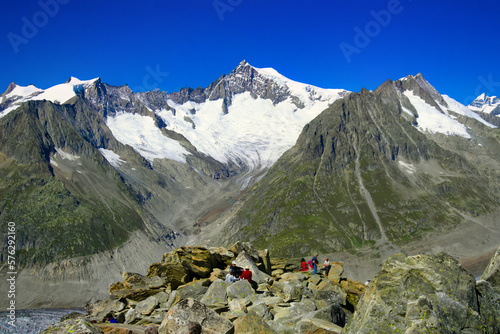 View from the Eggishorn viewpoint of the mountains around the Aletschgletscher glacier, Swiss Alps, Europe photo