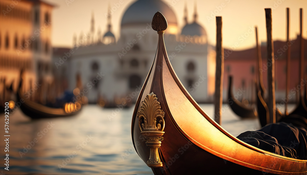 Gondola stern on background of Venetian Grand Canal. Based on Generative AI