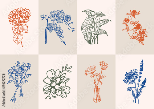 Abstract vector illustration set of botanical printable posters. Art for for postcards, wall art, banner, background.