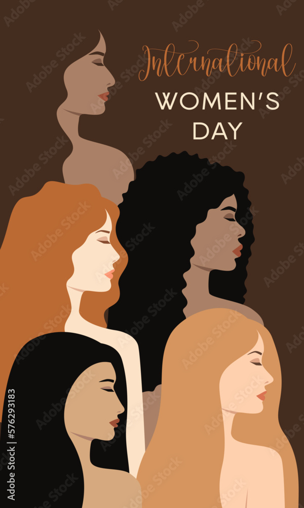 Vector greeting card for International Women's Day. Congratulatory illustration with women of different skin colors and different hair colors on a brown background. Vector greeting card for International Women's Day. Congratulatory illustration with women of different skin colors and different hair colors on a brown background.