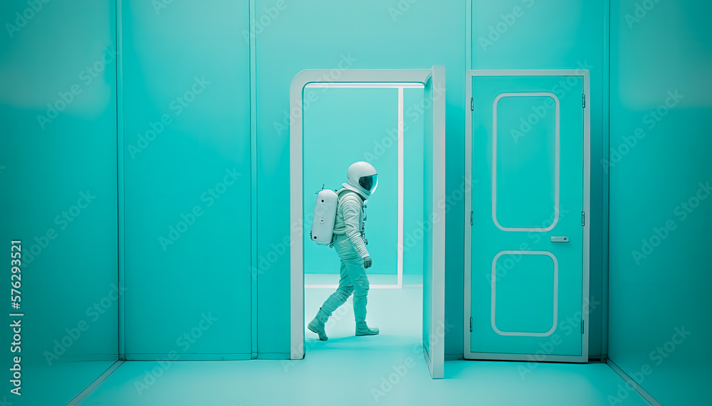 Fototapeta premium Generative AI illustration of a Creative Space-suited Man Walking Through a Door ready to space travel