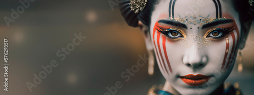 Photo A Close-up of a Geisha's Face in Japan, Captivating Beauty, tradition, elegance and mystique, blured backgound with space to text