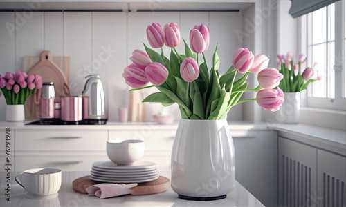 Bouquet of tulips in a bright modern kitchen  generative AI