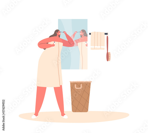 Attractive Young Woman Wrapped in Bath Towel Applying Mascara Cosmetics front of the Bathroom Mirror Vector Illustration