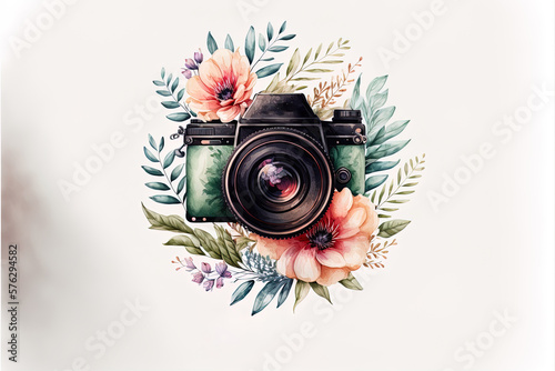 Retro camera in flowers and plants. Hand drawn photo camera.