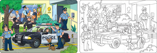 Police station, car and officers. Coloring book