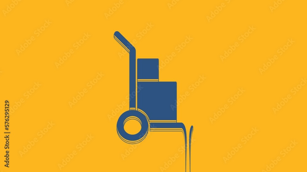 Blue Hand truck and boxes icon isolated on orange background. Dolly symbol. 4K Video motion graphic animation