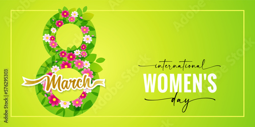 International Womens Day elegant lettering, green leaves and flowers in figure 8. Women's day poster with beautiful number eight on green background. Vector illustration