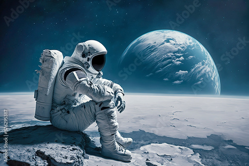 Exploring the Final Frontier: Astronaut Sitting on Moon's Surface During Lunar Landing Mission, ai generative photo