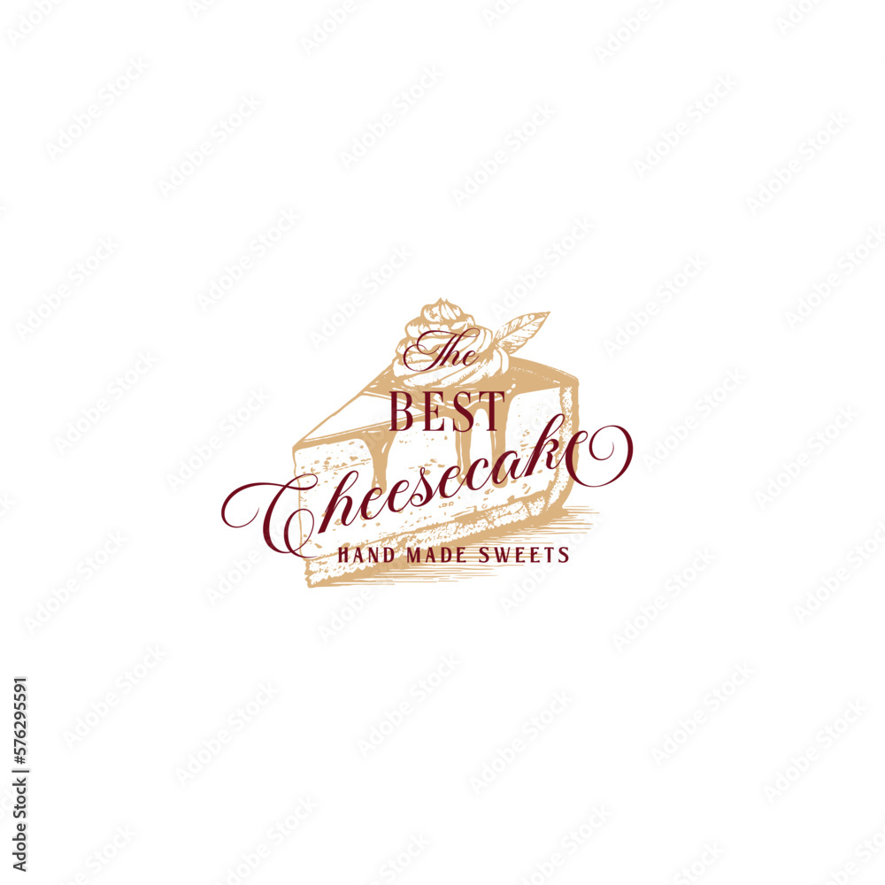 Hand-cooked Bakery Cheesecake Abstract Sign, Symbol or Logo Template. Hand Drawn Piece of Cake and Typography. Confectionary Vector Emblem Concept. Isolated.