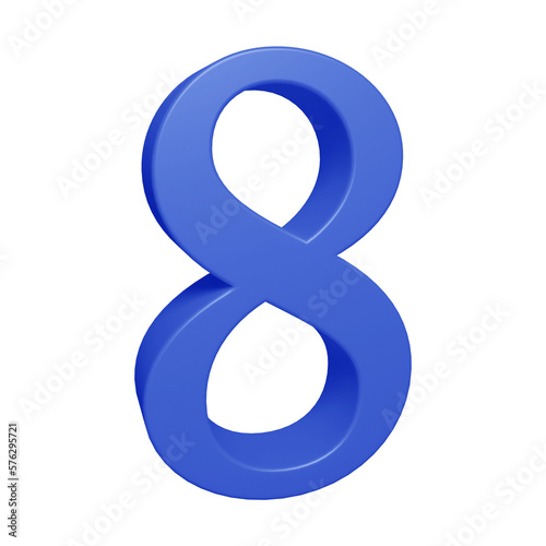 Blue number 8 in 3d rendering for math, business and education concept.