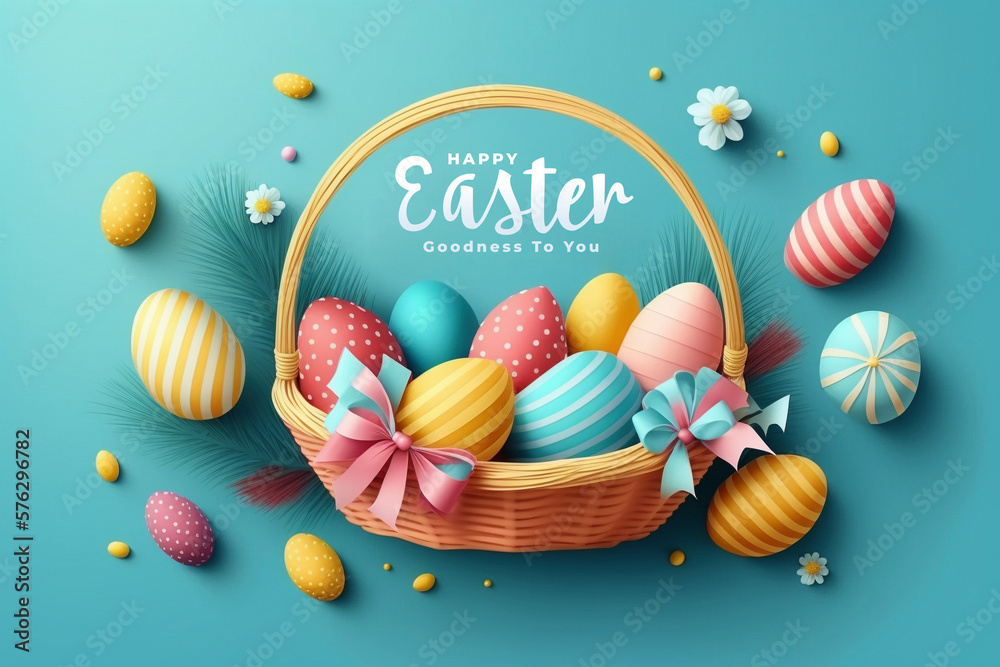 Easter poster and banner template with Easter eggs in the nest on light ...