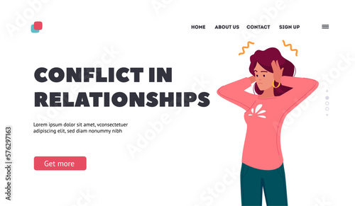 Conflict in Relationships Landing Page Template. Woman Hand Over Ears. Concept Of Avoidance, Denial, Or Refusal