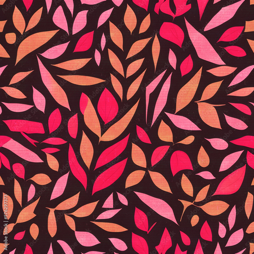 Foliage - a pattern of pink and orange leaves on a black background Foliage - a pattern of pink and orange leaves on a black background