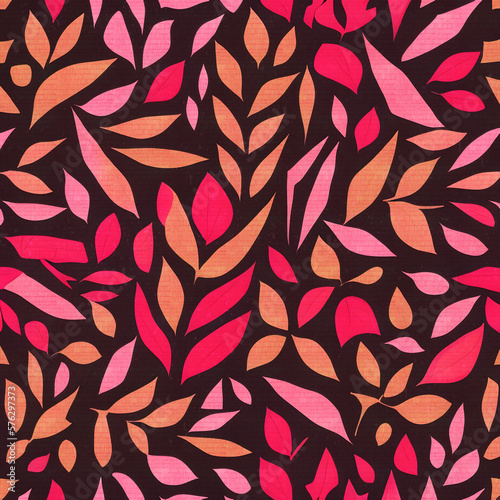 Foliage - a pattern of pink and orange leaves on a black background
