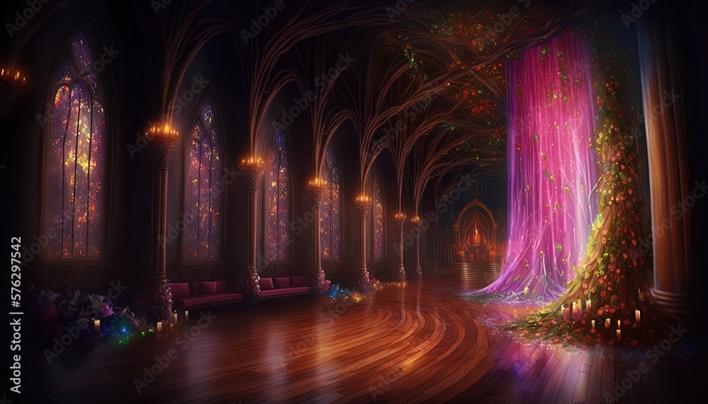 ancient Elvish interior hall way with big tree and glitter glow light shine ambient festive atmosphere, Generative Ai