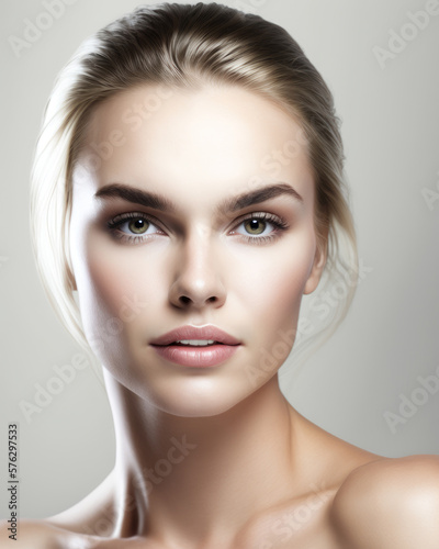 Beautiful spa model portrait with perfect fresh clean skin. AI generative illustration.
