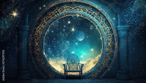 ancient throne seat with window of stargazer behind, Generative Ai