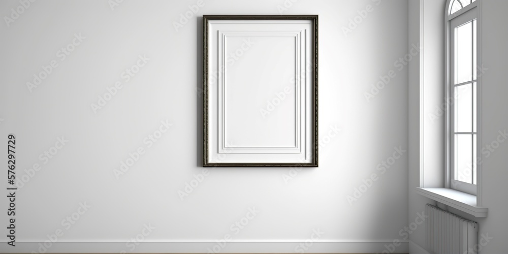 Poster mockup on clean room and white wall beside the window, Generative AI