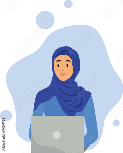 Muslim business woman in hijab holding a laptop.
A young Arab girl sits in a comfortable chair at a table with a laptop. Muslim business woman in hijab works at home or office. Colored vector 