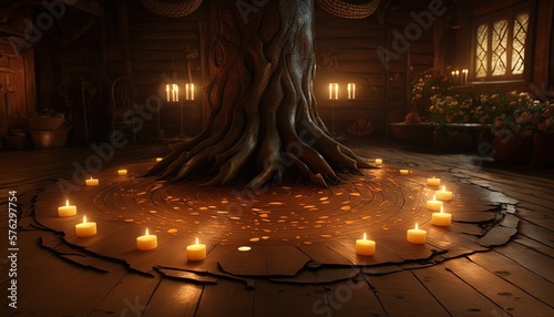 Ancient elven tree of life with glow light , Generative Ai