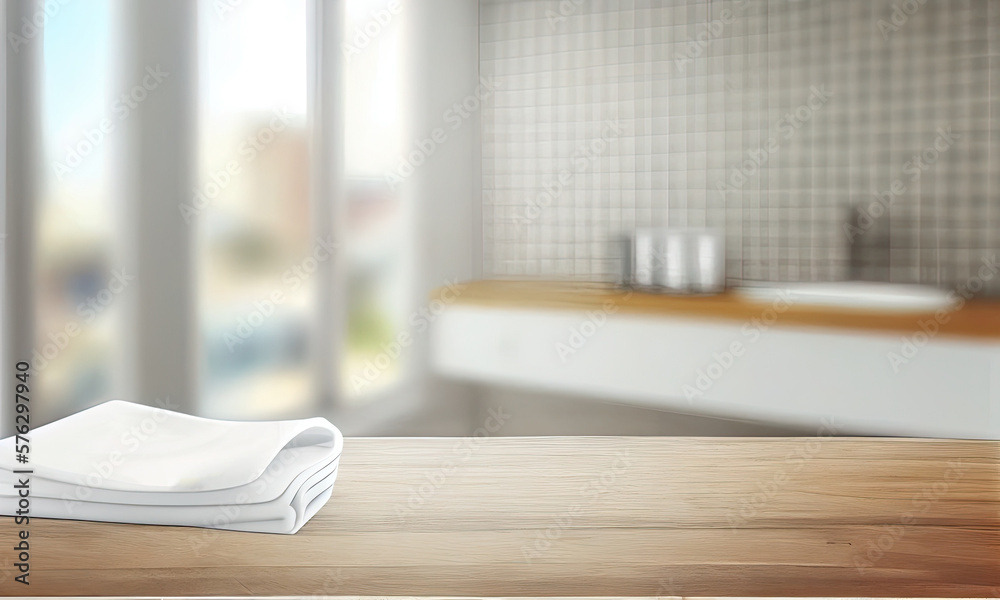 An empty countertop for displaying goods on a blurry background of the bathroom interior, generative AI An empty countertop for displaying goods on a blurry background of the bathroom interior, generative AI