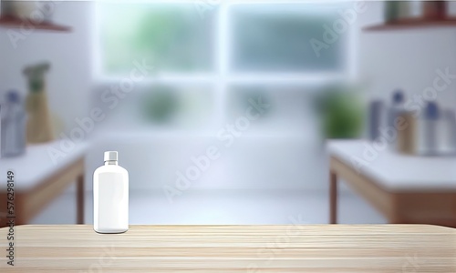 An empty countertop for displaying goods on a blurry background of the bathroom interior, generative AI