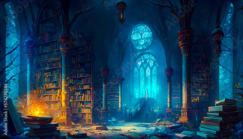 Obraz na płótnie Painting of dark room with books on the shelves