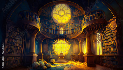 Foto Painting of library with large window. Fantasy. Generative AI.