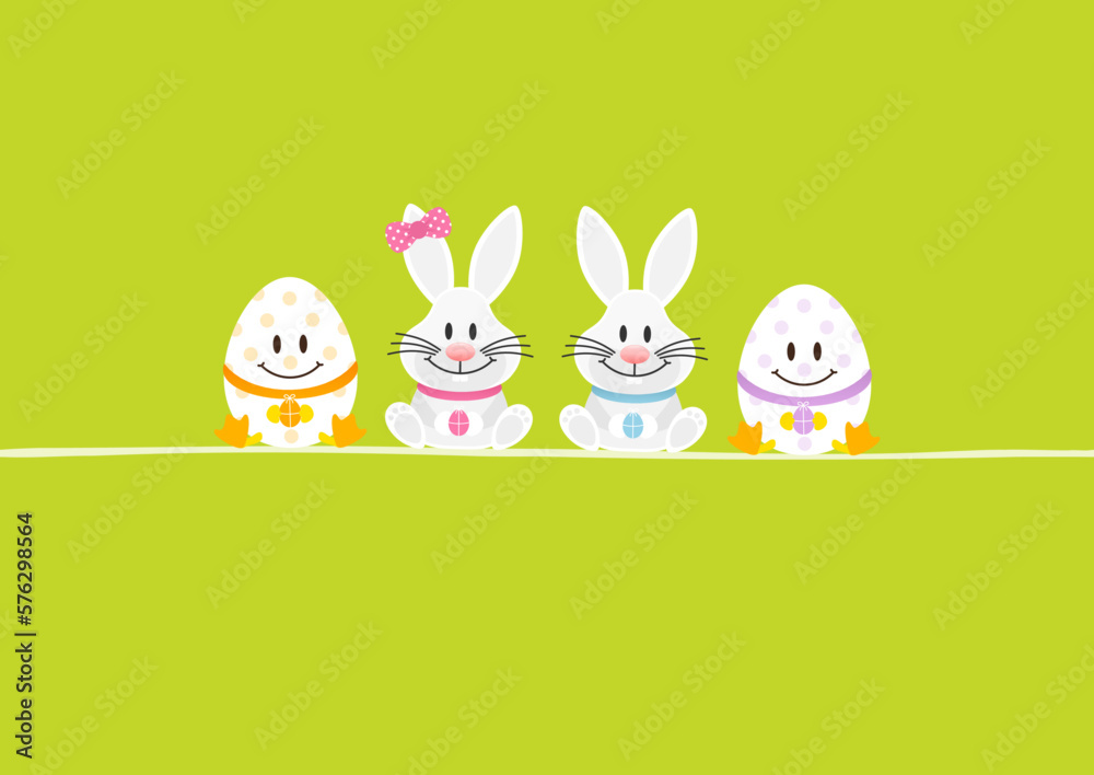 Weiße Osterhasen Mädchen & Junge & 2 Ostereier Karte Grün