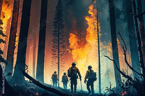Fototapete Firefighters fighting the fire in the forest. Generative AI
