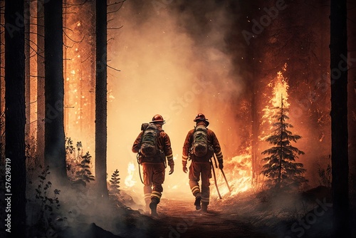 Firefighters fighting a fire in the forest. Firefighters fighting a fire. Generative AI